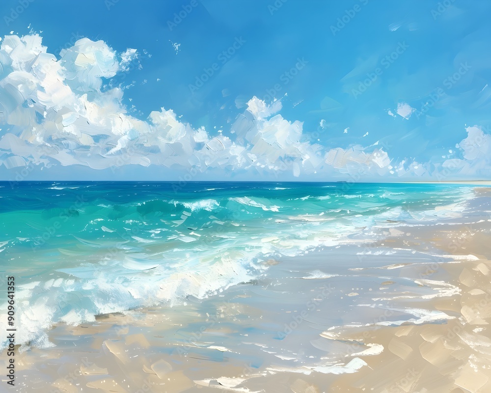 Poster Tranquil Turquoise Beach with Gentle Waves and Cloudless Sky Oil Painting Style Art