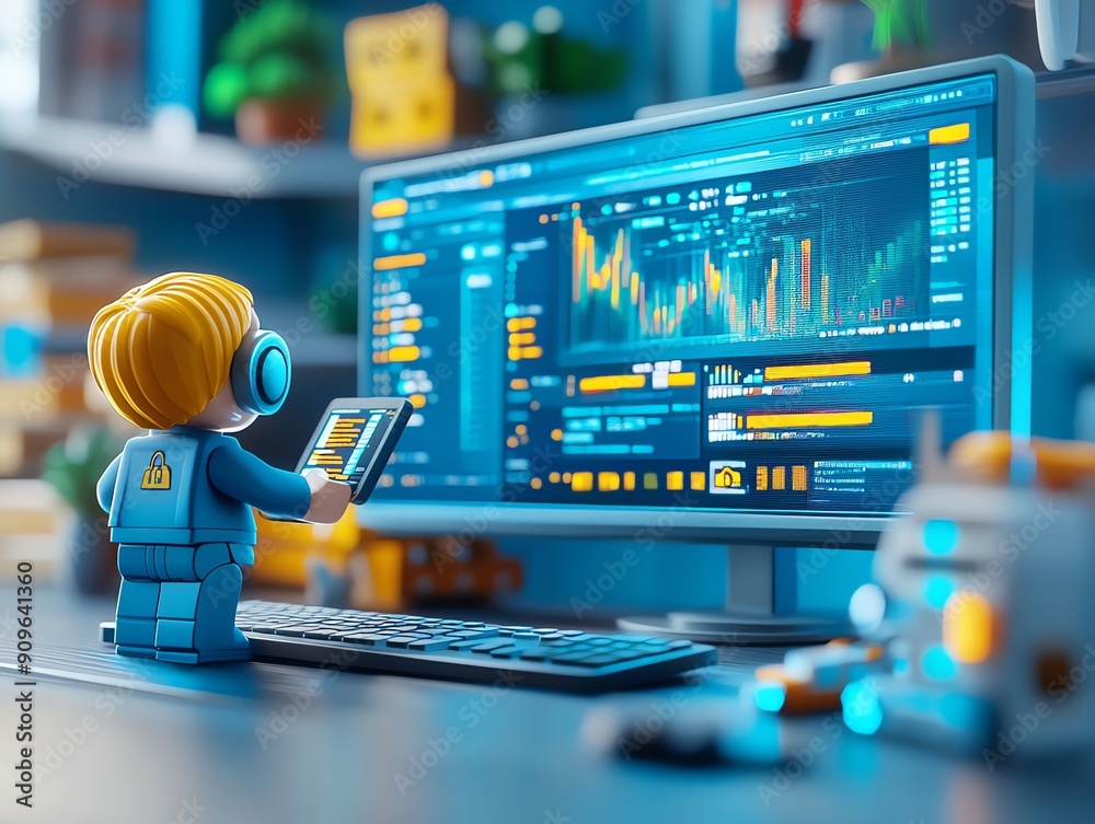 Poster 3D character working on computer with financial data.