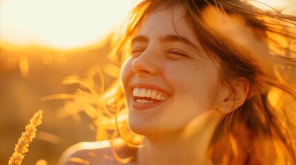 Fototapeta premium A woman with long, flowing hair smiles widely while standing in a field of tall grass, bathed in the warm light of the setting sun