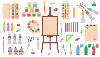 Set with painting tools, paints for the artist. Paint tubes, brushes, pencils, watercolor, palette, crayons and stationery. Trendy modern vector isolated on white.