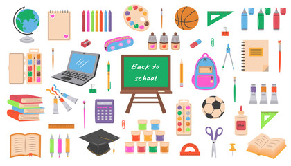 Big set of school supplies and stationery. Cute accessories for study, school, university. Back to school.