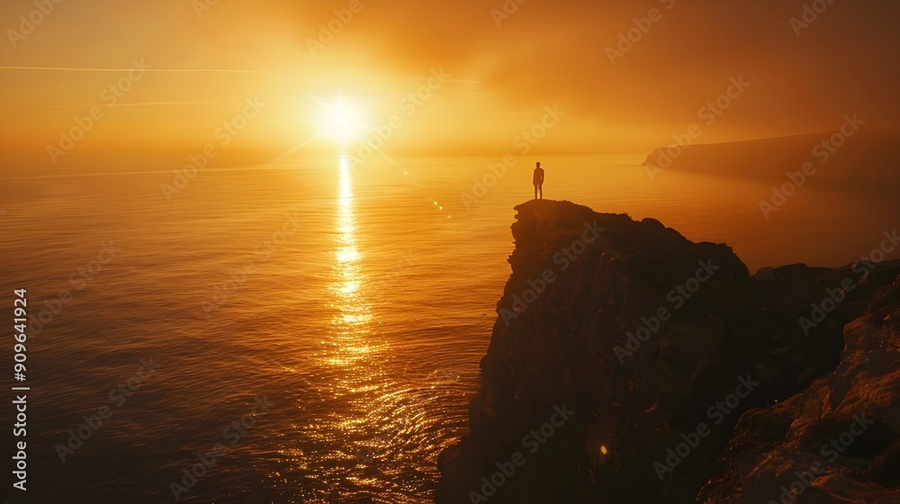 Sticker Lone Figure Standing on a Cliff Overlooking Vast Ocean at Sunrise Framed by Golden Light