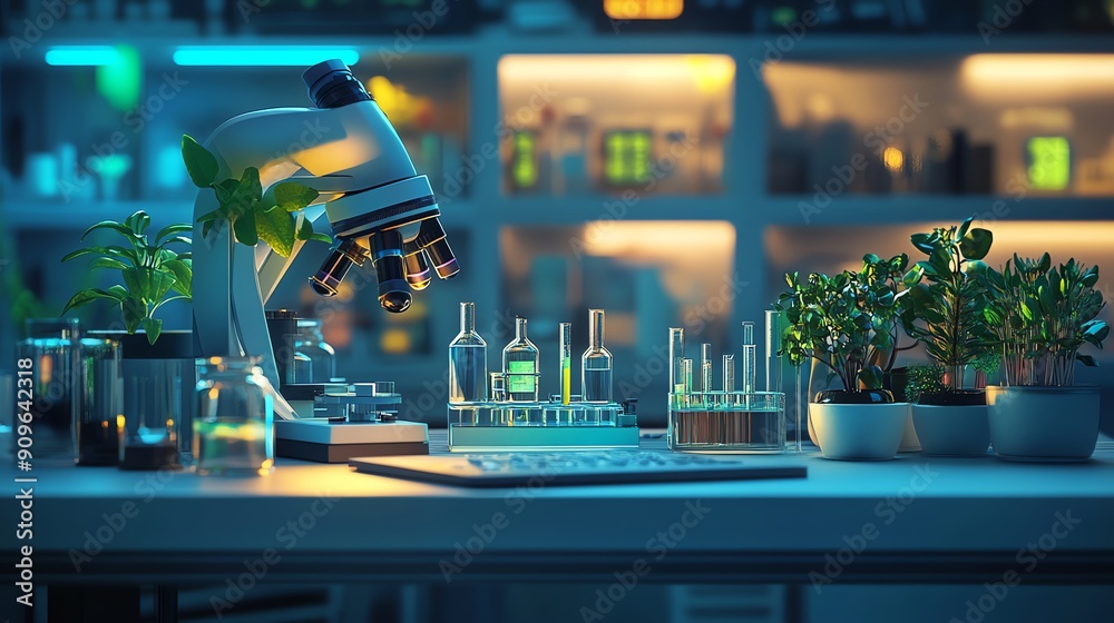 Poster microscope and test tubes in a laboratory setting.