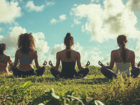 Prayer yoga class or people in outdoor meditation
