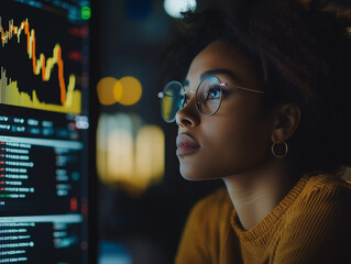 Serious ethnic female trader analyzing