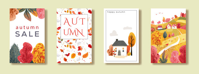 A set of vertical posters with autumn cards. Landscape hills. Nice house. Invitation to the sale. Magazine and book cover.