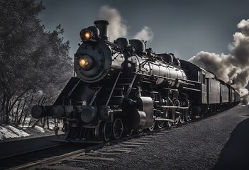 Naklejka premium steam hudson locomotive railroad train royals canada steaming british columbia route track canadian engine illumination light night overnight dark mysterious ghost ghostly