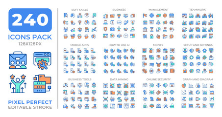 IT business management colorful icons set collection. AI, finance. Corporate soft skills, online security mega pack of flat line symbols, pixel perfect. Isolated vector illustrations. Editable stroke