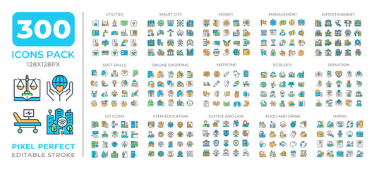 Daily life and technology colorful icons set collection. Education, ecology. Money, IoT utilities mega pack of flat line symbols, pixel perfect. Isolated vector illustrations. Editable stroke