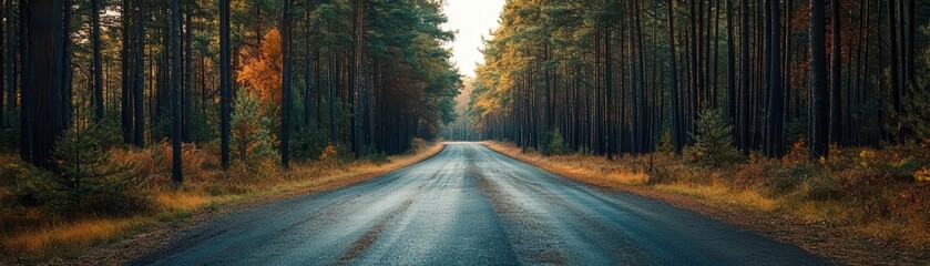 Fototapeta premium Road disappearing into the distance among tall pines, endless possibilities