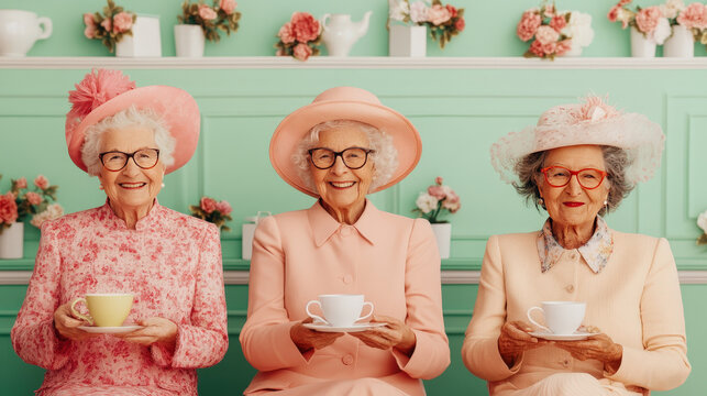 Senior friends having a cheerful tea party, with laughter and colorful decor, representing the joy of age, Age, Festive tea party