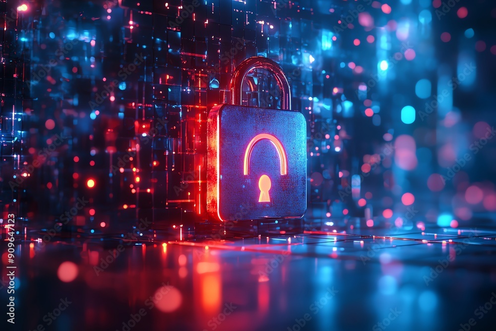 Poster cybersecurity concept with padlock and glowing lights.