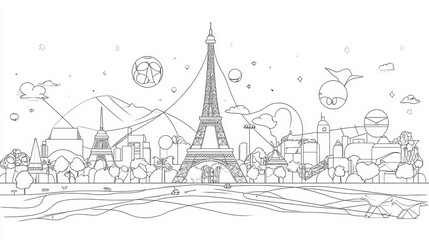 This image is a single continuous line drawing of the Paris 2024 Olympics. It includes the Eiffel Tower and Olympic sports symbols.