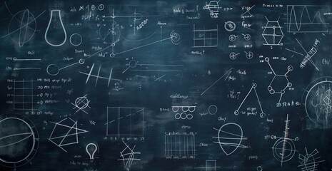 A chalkboard with a lot of math equations and diagrams. Scene is serious and focused, as it is a classroom or study space. The idea behind the image is to showcase the complexity