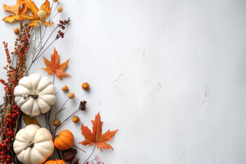  little autumn decoration border only reaching in a litte, with pumpkins and maple leaves only on the border of a big wide white background. AI generative.