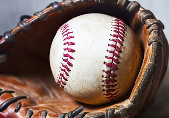 Vintage Baseball Glove: Old Leather Mitt with Baseball Ball, Copy Space.