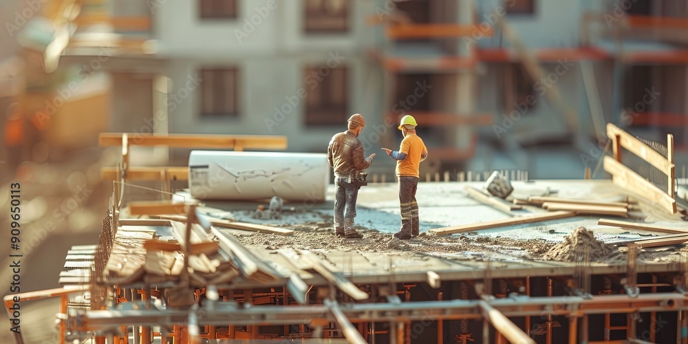 Wall mural ultra realistic photograph of a carpenter and another person discussing a job site