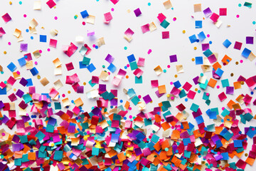 coloured confetti as a white New Year's background. AI generative.