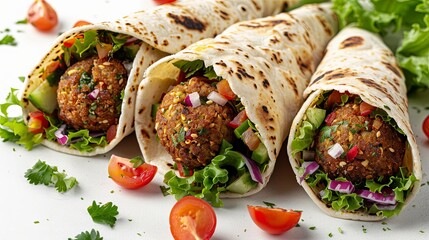 Vegetarian tortilla wrap filled with falafel and fresh salad, served as vegan tacos, isolated on a white background
