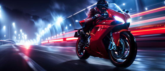 Obraz premium Motorcycle, motorbike riding on the highway, on high speed. Biker, motorcyclist in motion. Mountains landscape.Generative ai