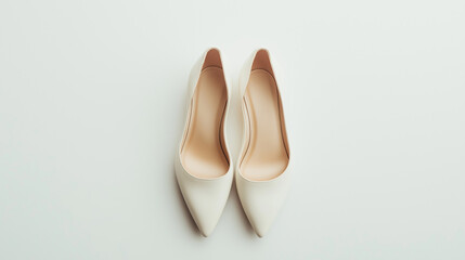 Fototapeta premium Elegant white high heels arranged neatly on white background.