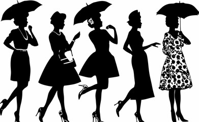Silhouette of five fashionable women with umbrellas in stylish dresses.