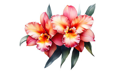 Bunch of flower pink, purple, yellow Cattleya orchid by draw watercolor isolated on cut out PNG or transparent background. Floral print for cards, textiles, home decor and designs. Abstract Texture.