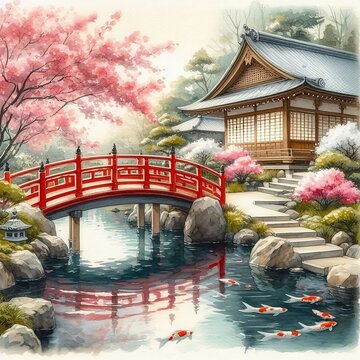 Japaneese garden in water color style