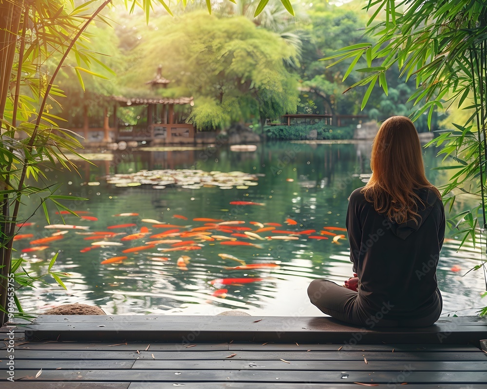 Poster Slender Person Sitting in Peaceful Zen Garden with Bamboo and Koi Pond