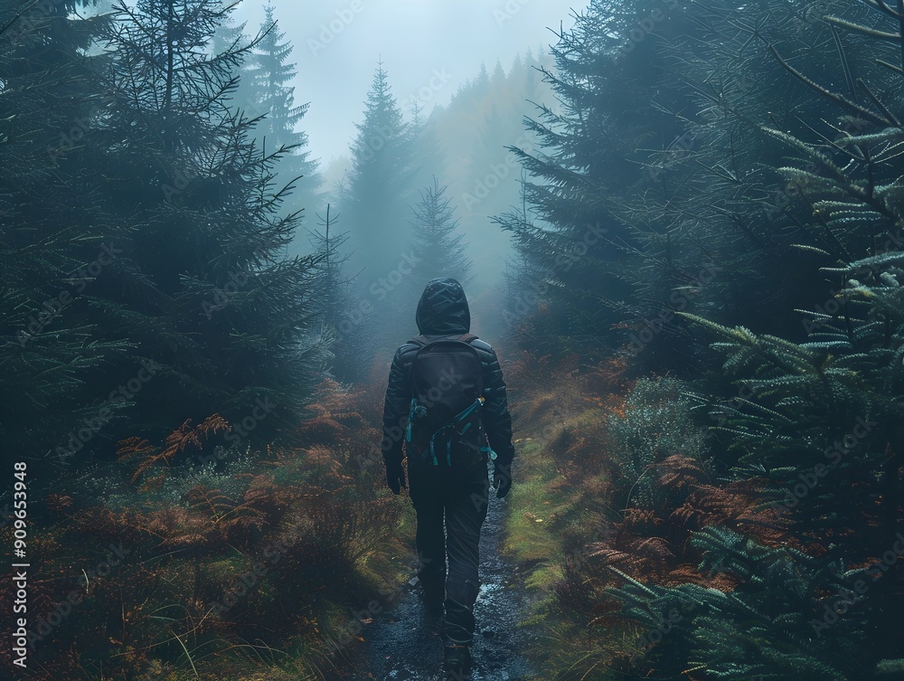 Poster Solitary figure hiking through misty mountain forest silhouette barely visible among trees