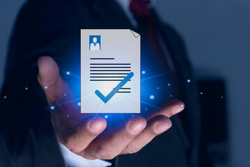 Businessman holding CV (curriculum vitae) resume document. concept of job seeking, employment and...