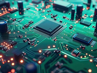 Fototapeta premium Close-up of a Green Circuit Board with a Chip and Glowing Components