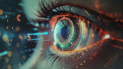 Close-up of the human eye Display virtual hologram technology information Iris scanning to access information