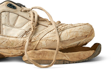 broken old used shoe isolated white background, part of dirty sport shoes or sneakers with tied lace in close-up side view with shadows