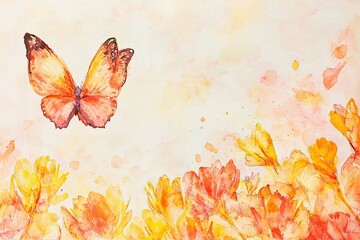 A vibrant watercolor painting featuring a butterfly hovering above colorful flowers, evoking a sense of peace and beauty.
