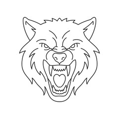 Y2k roaring angry wolf portrait monochrome groovy outline icon vector illustration