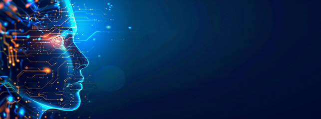 A futuristic avatar graphical face with holographic projections, blurring the boundaries between human and machine.