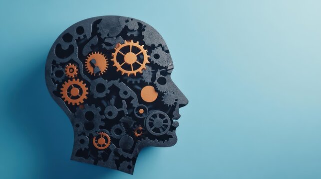 A creative representation of the human mind with gears symbolizing thoughts and ideas, illustrating innovation and intelligence.