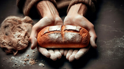 Obraz premium Last bread in hands, close up, concept of poverty and hunger