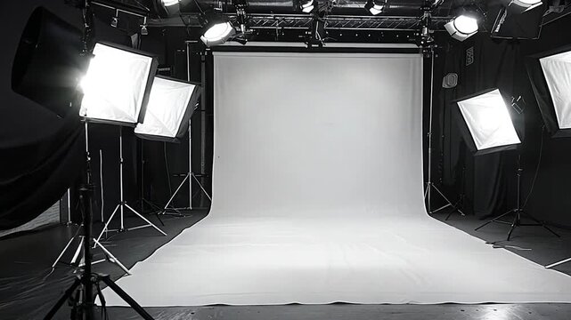 A photography studio is arranged with multiple lights and a smooth white backdrop, ready for capturing stunning images