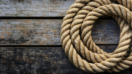Obraz premium Coiled rope on weathered wooden surface, close-up detail. Nautical and maritime concept