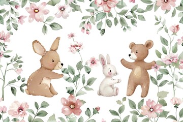 Naklejka premium Charming illustration of adorable animals amidst vibrant flowers, perfect for children's decor or themed projects.