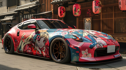 Itasha sports car wrapped with anime characters parked in tradit