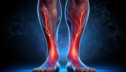 A detailed depiction of deep vein thrombosis (DVT) in a leg, highlighting the affected veins with clear medical imaging. 