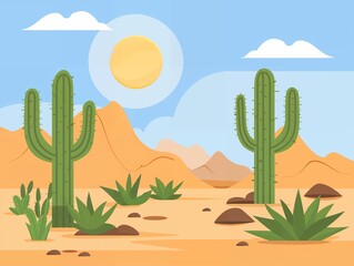 An illustration of a sunny desert landscape with tall cacti, mountains, and a clear blue sky, creating a vibrant and cheerful scene.