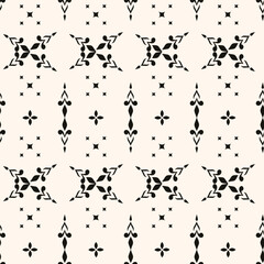 Simple minimalist floral pattern. Minimal seamless texture with small flower shapes. Abstract black and white geometric background. For print, package