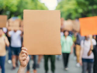 anonymous protester holding blank cardboard sign in front of crowd at demonstration, activism, protest, social justice, movement.