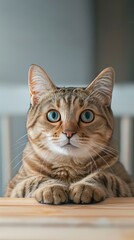 International Cat Day August 8 Poster. Portrait of a big cat with orange blue eyes on a table with empty space above it with generative ai