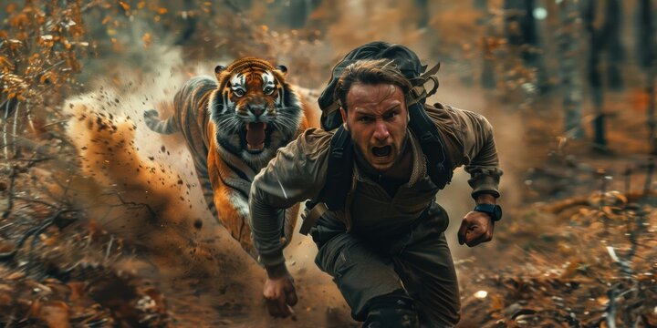 A man running while being chased by a tiger