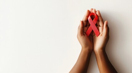 Concept of World AIDS Day , hands holding a red ribbon on white background , Generative AI